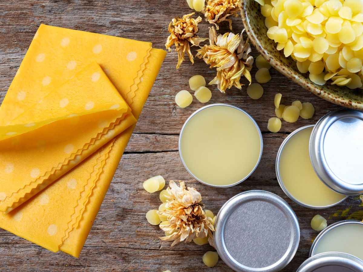 beeswax wrap and lip balms with beeswax drops