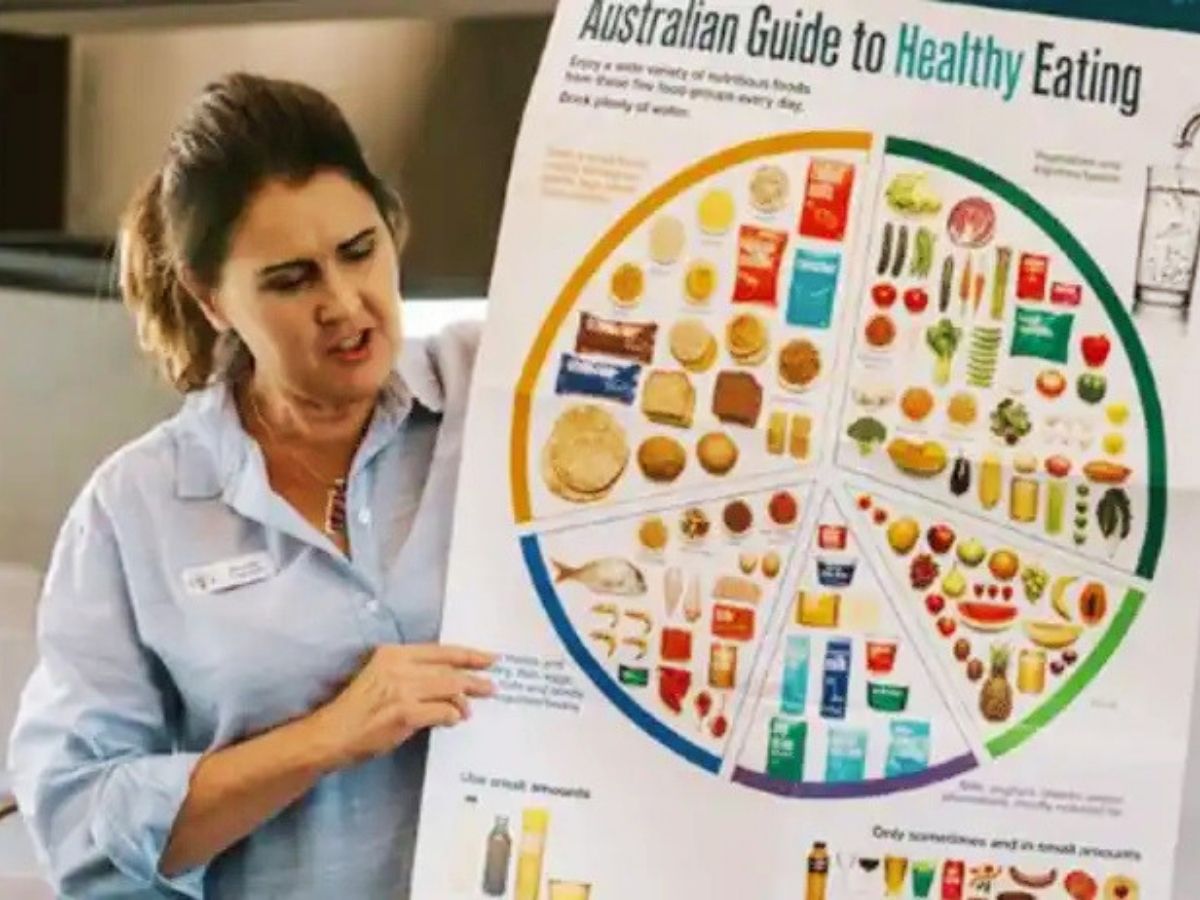 A lady showing a chart with healthy eating choices.