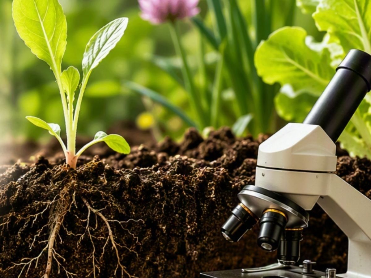 detail of a plant in soil with a microscope nearby