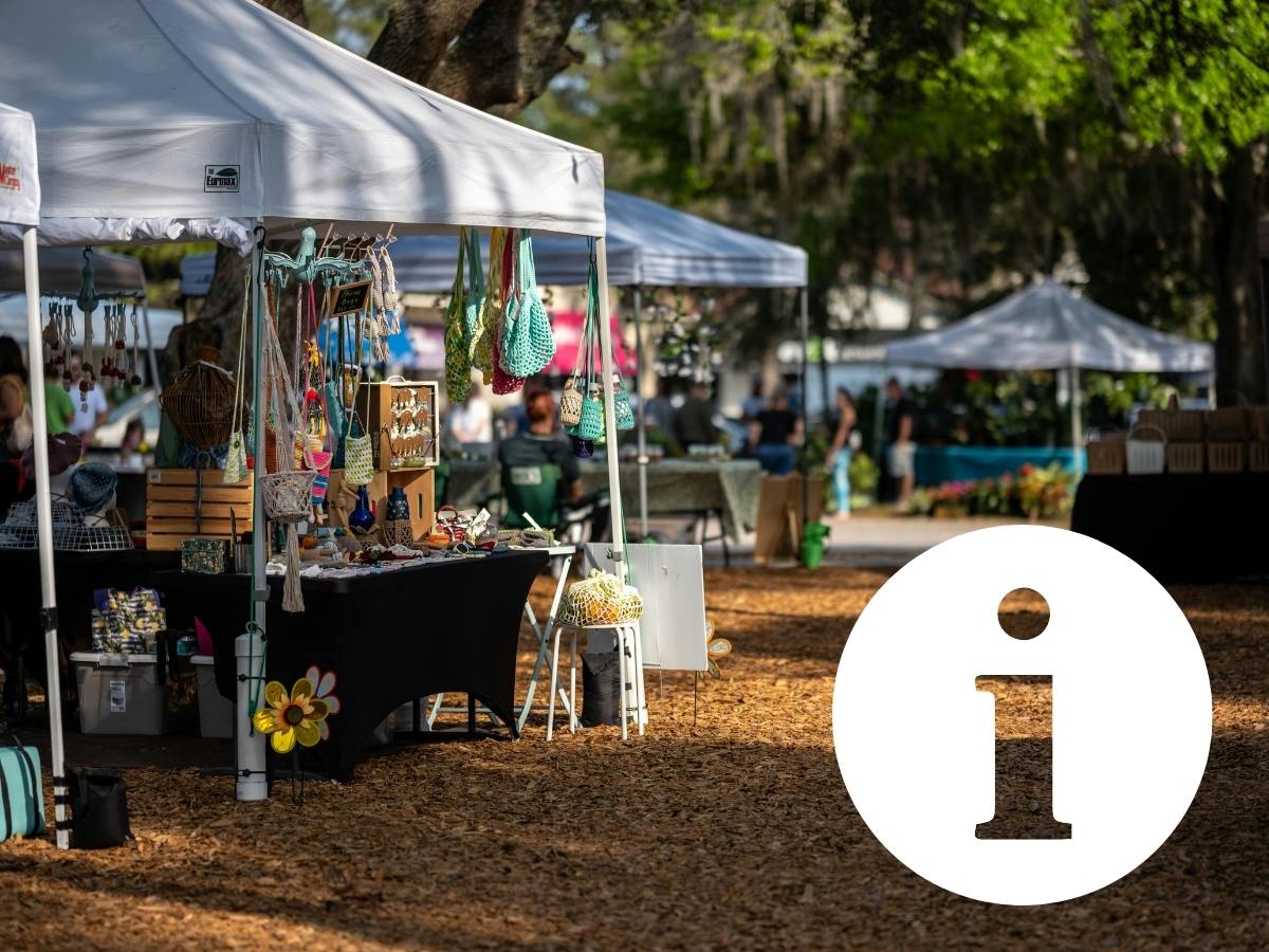 market stalls with i for information stall