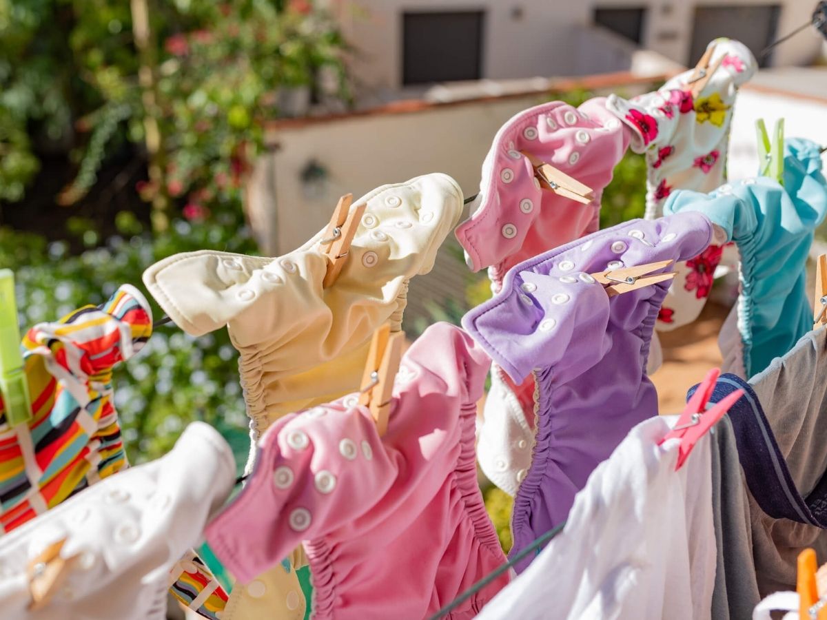 reusable cloth nappies on washing line